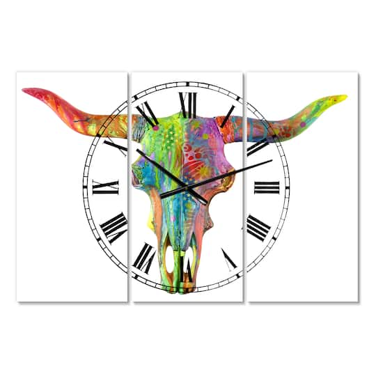 Designart Longhorn Rainbow Skull Oversized Modern 3 Panel Wall Clock